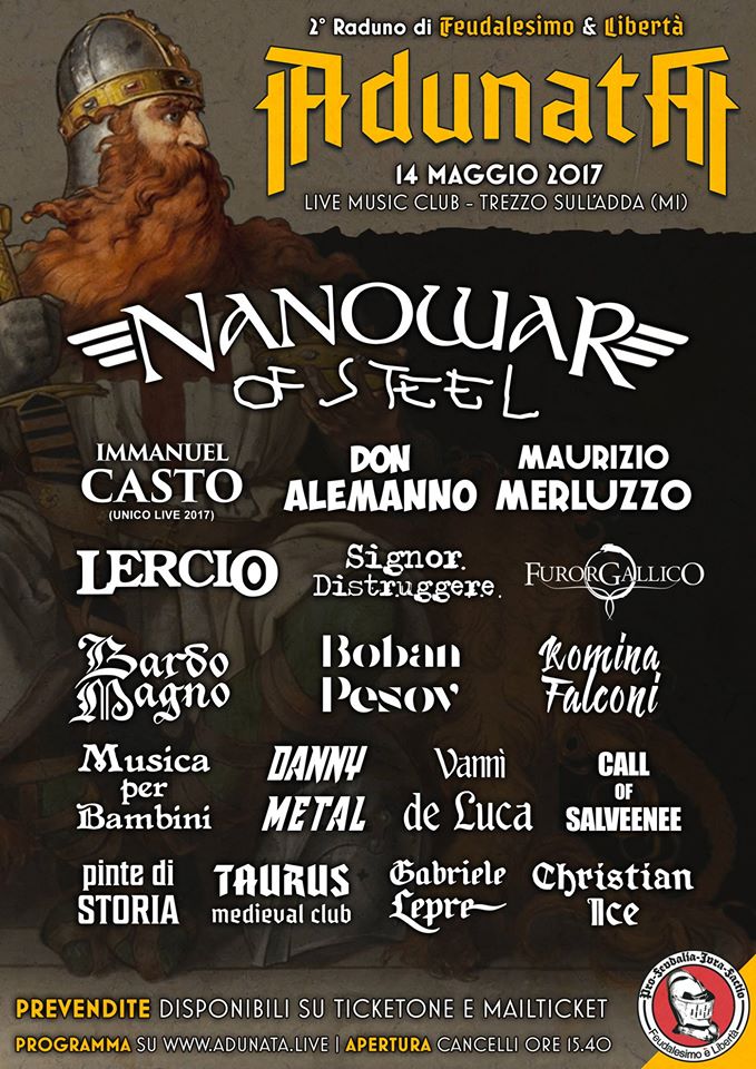 FEUDALESIMO E LIBERTA': orari e programma dell'Adunata di Domenica al Live Music Club