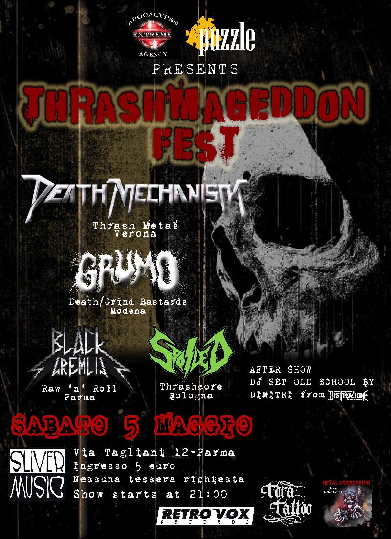 THRASHMAGEDDON FEST: il 5 maggio a Parma con Death Mechanism, Grumo, Black Gremlin e Spoiled